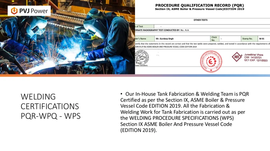 In-house Transformer tank fabrication and certified welding process at PVJ Power